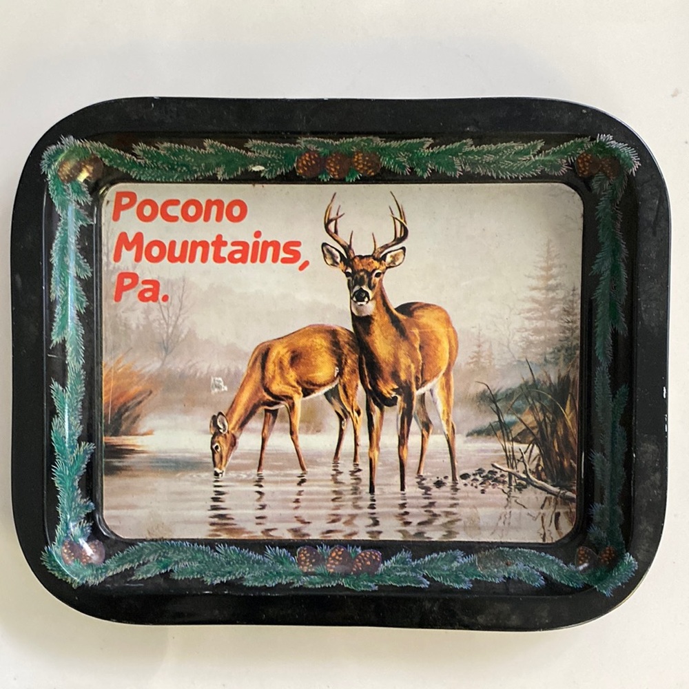 Pocono Mountains PA vintage Pennsylvania souvenir small metal tray with deer
